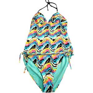 Bright Multicolor Halter Tankini‎ Swimsuit With Tie-Side Bikini Bottoms Size S